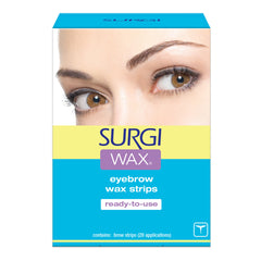 Surgi Wax eyebrow wax strips packaging with a woman's face on the box.
