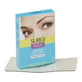 Box of Surgi wax strips for eyebrow waxing on a white background