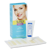 Surgi wax facial strip kit with packaging, strips, and gel on a white background