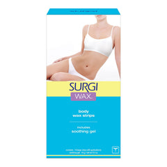 Surgi Wax body wax strips packaging with a woman in white underwear on a white background