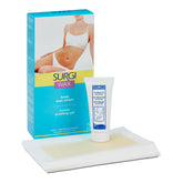 Surgi wax strip kit with packaging, wax strips, and soothing gel on a white background