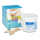 Surgi Brazilian wax product set including wax container, packaging, and wooden spoons on a white background