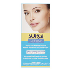 Surgi Cream facial hair removal cream packaging with a woman's face on a white background