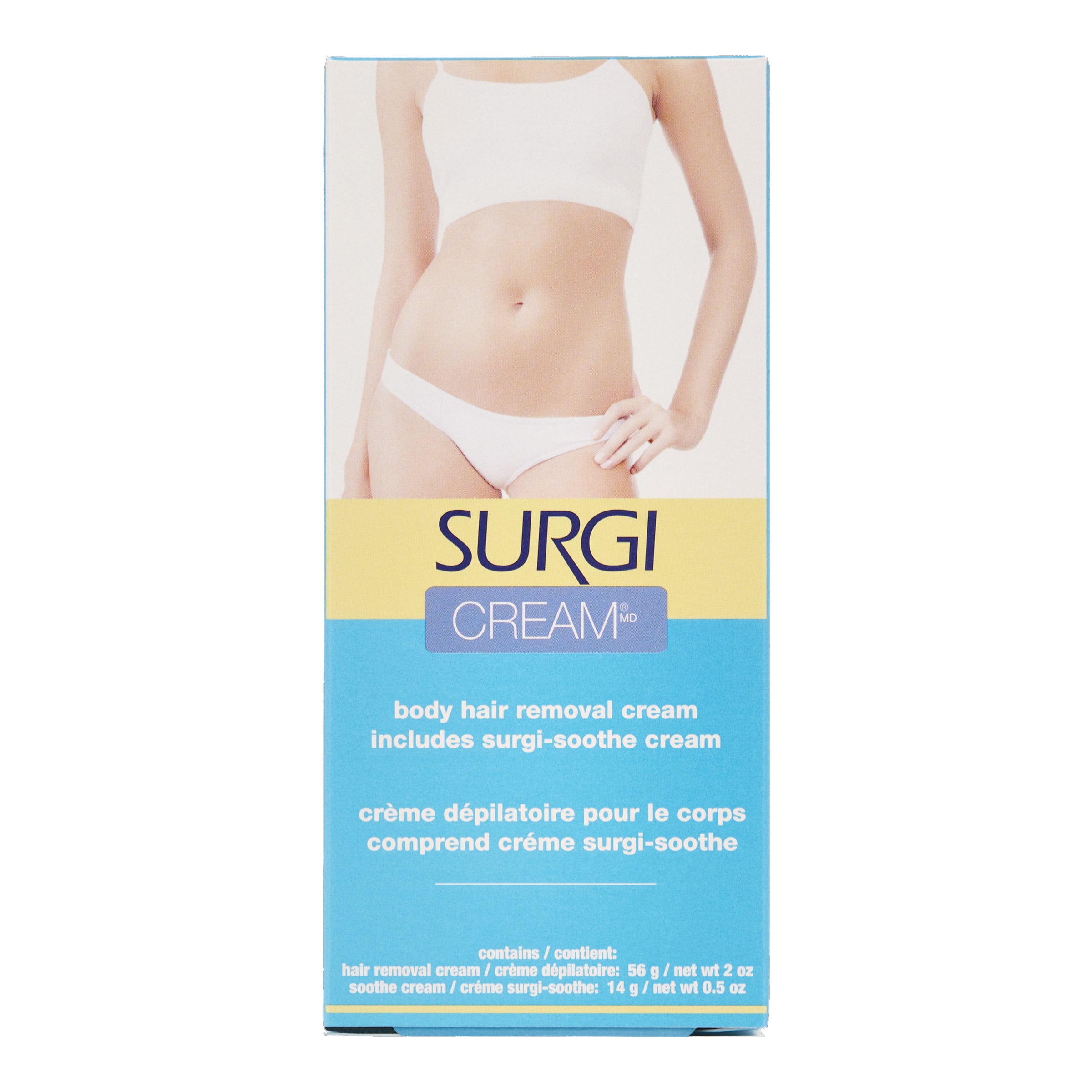 Surgi cream packaging with a person wearing a white bra and panties on a white background