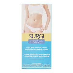 Surgi cream packaging with a person wearing a white bra and panties on a white background