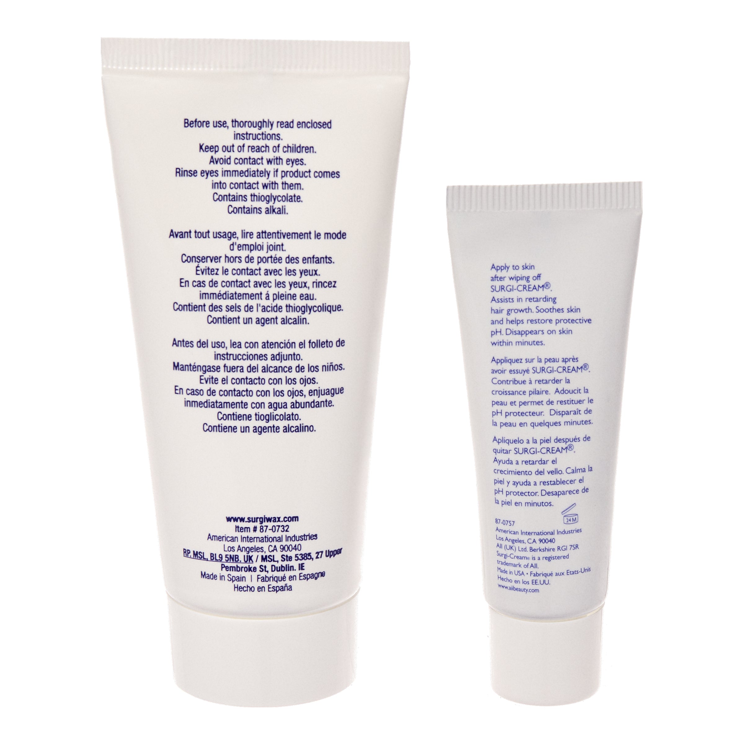 Two white tubes with blue text on a white background