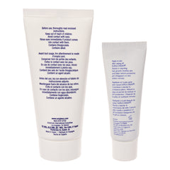 Two white tubes with blue text on a white background