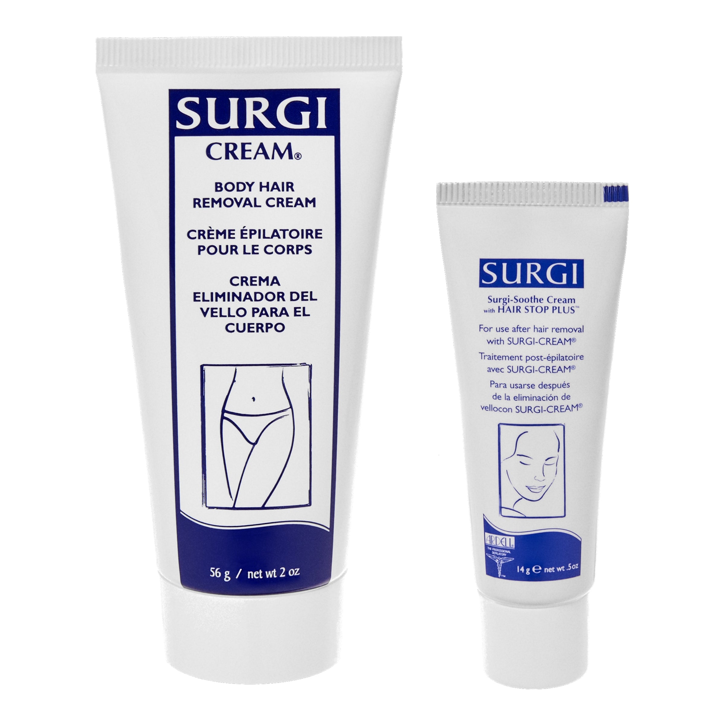 Two bottles of Surgi Cream body hair removal cream on a white background