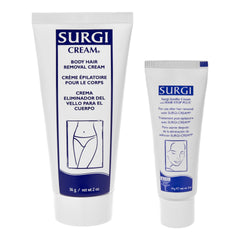 Two bottles of Surgi Cream body hair removal cream on a white background