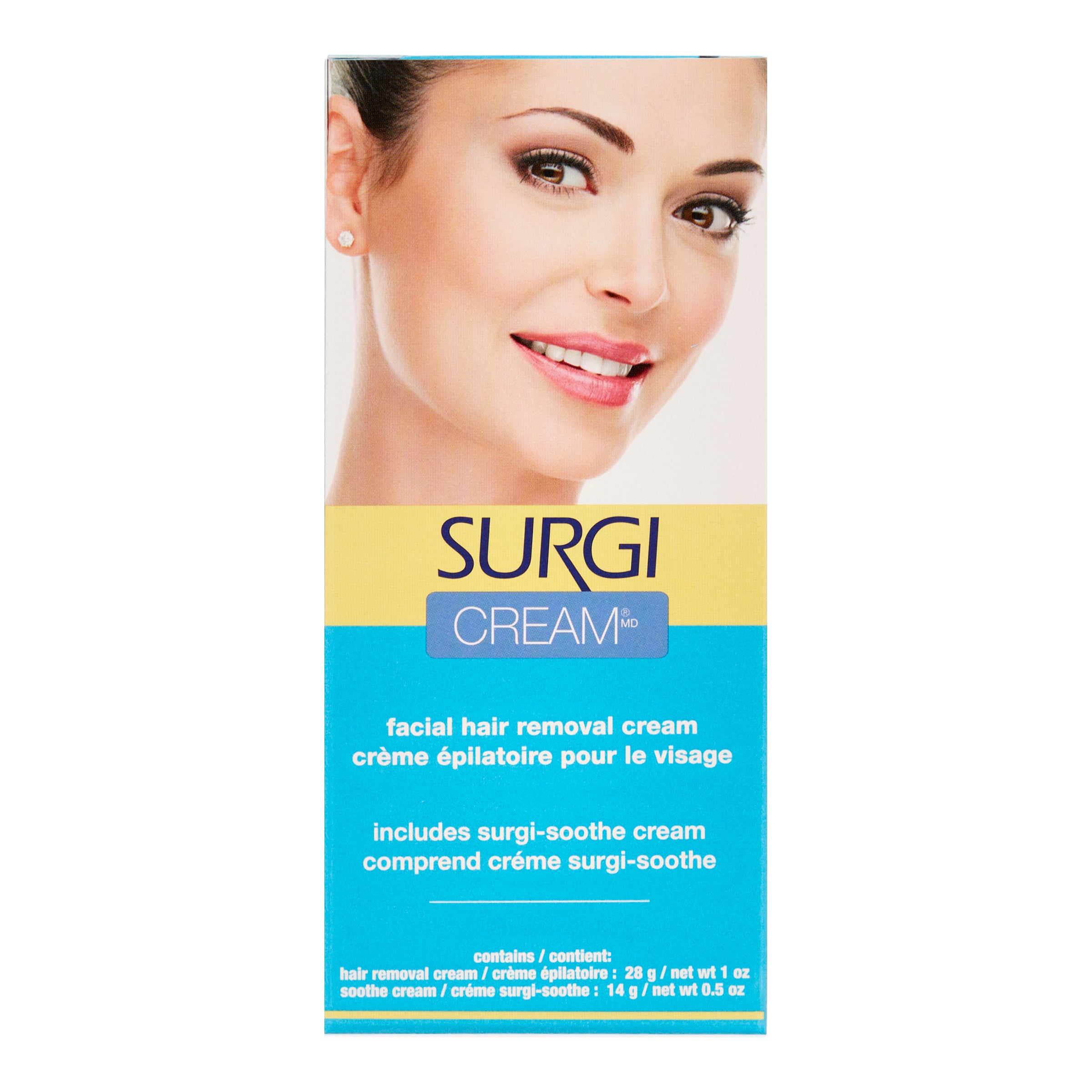 Surgi facial hair removal cream packaging with a woman's face on a white background