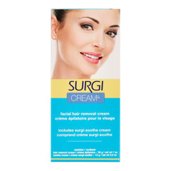 Surgi facial hair removal cream packaging with a woman's face on a white background