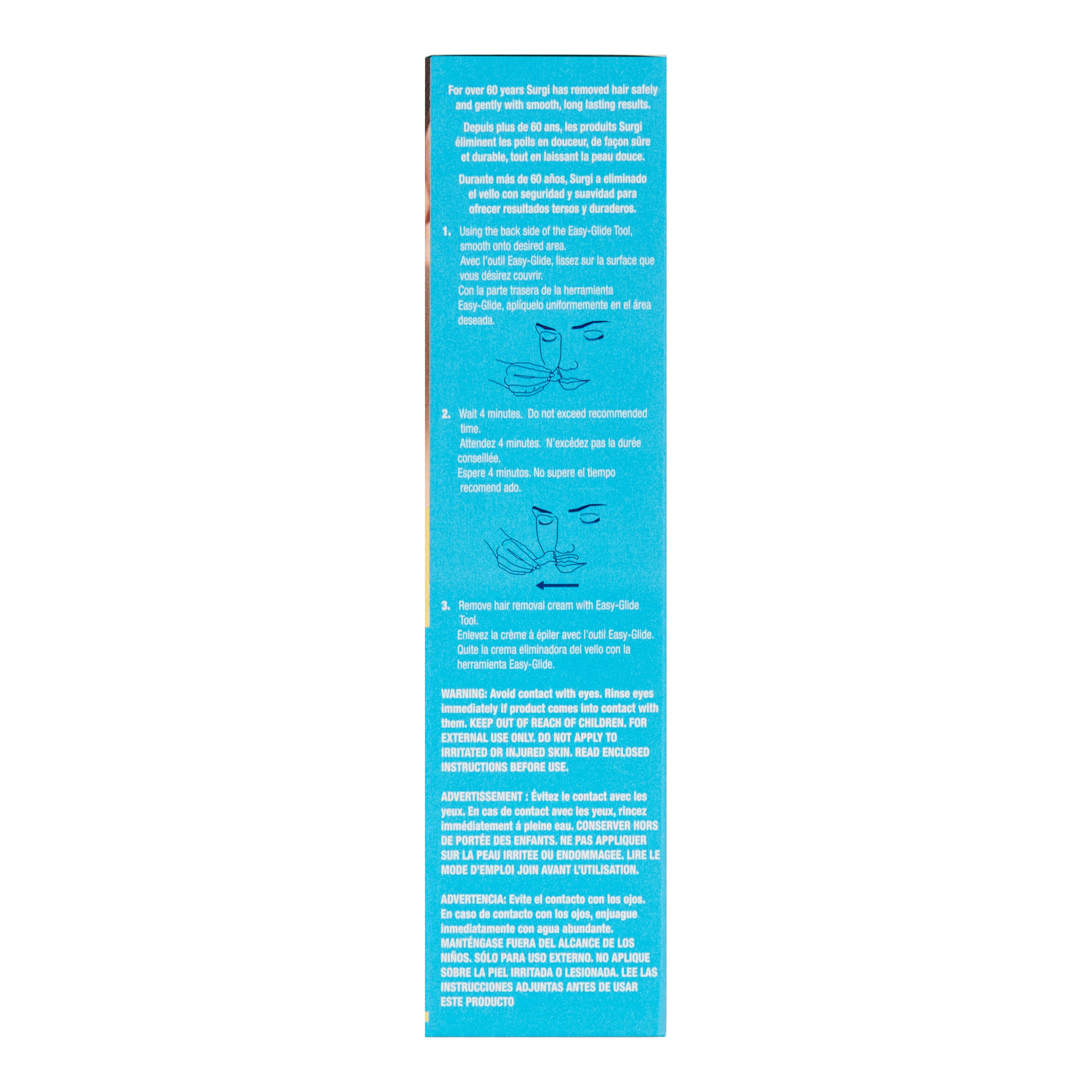 Blue product label with text and illustrations on a white background