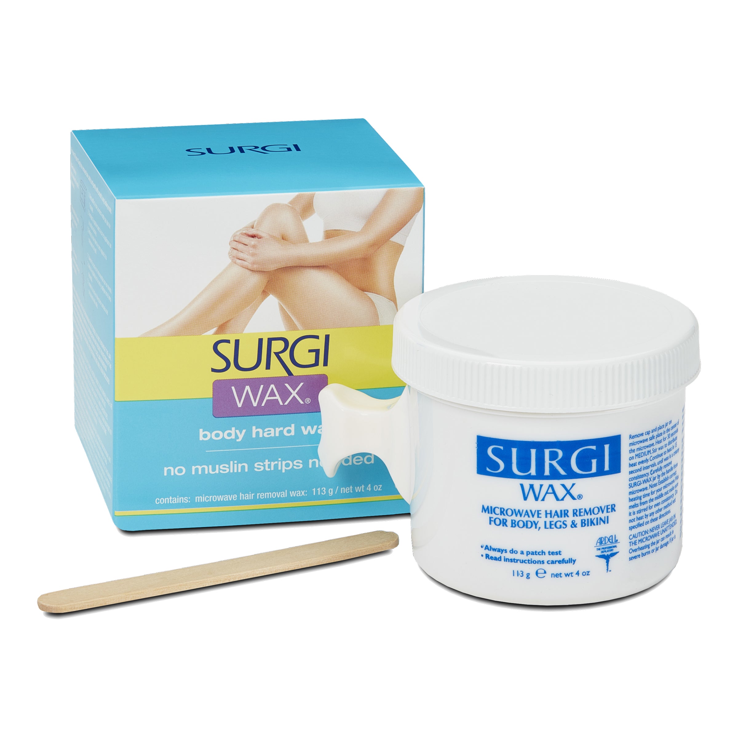 Surgi wax container and packaging on a white background