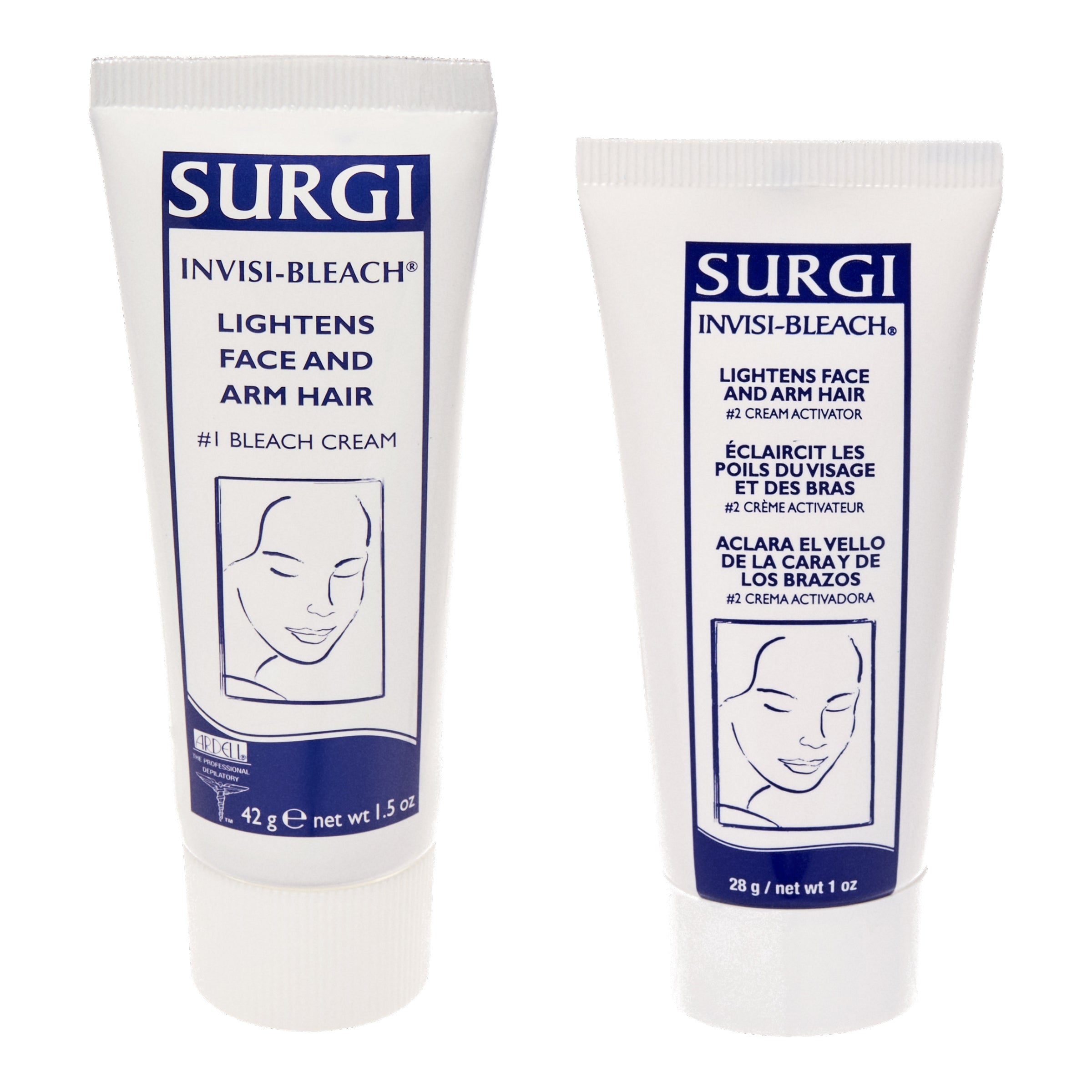 Two tubes of Surgi Invisi-Bleach hair lightening cream on a white background