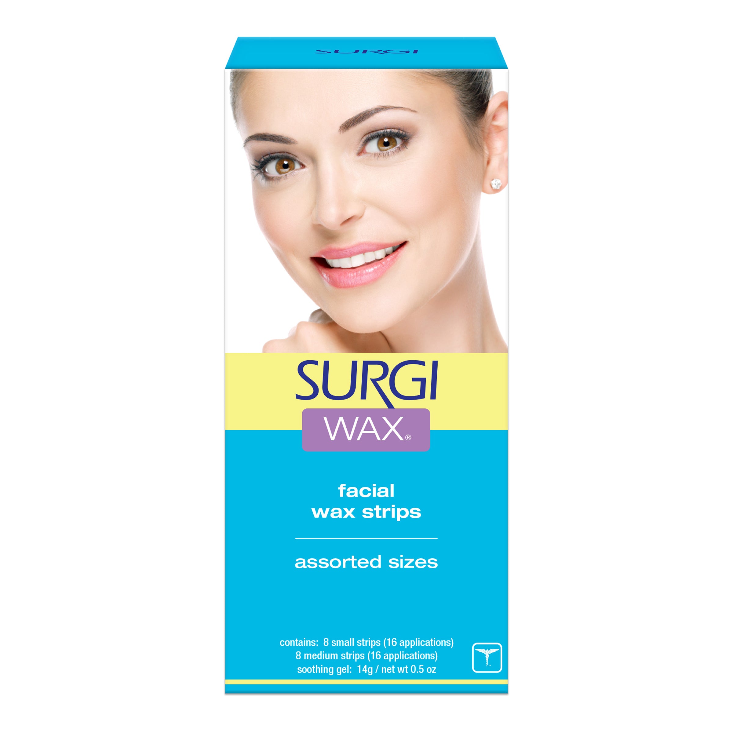 Surgi Wax facial wax strips packaging with a woman's face on a white background