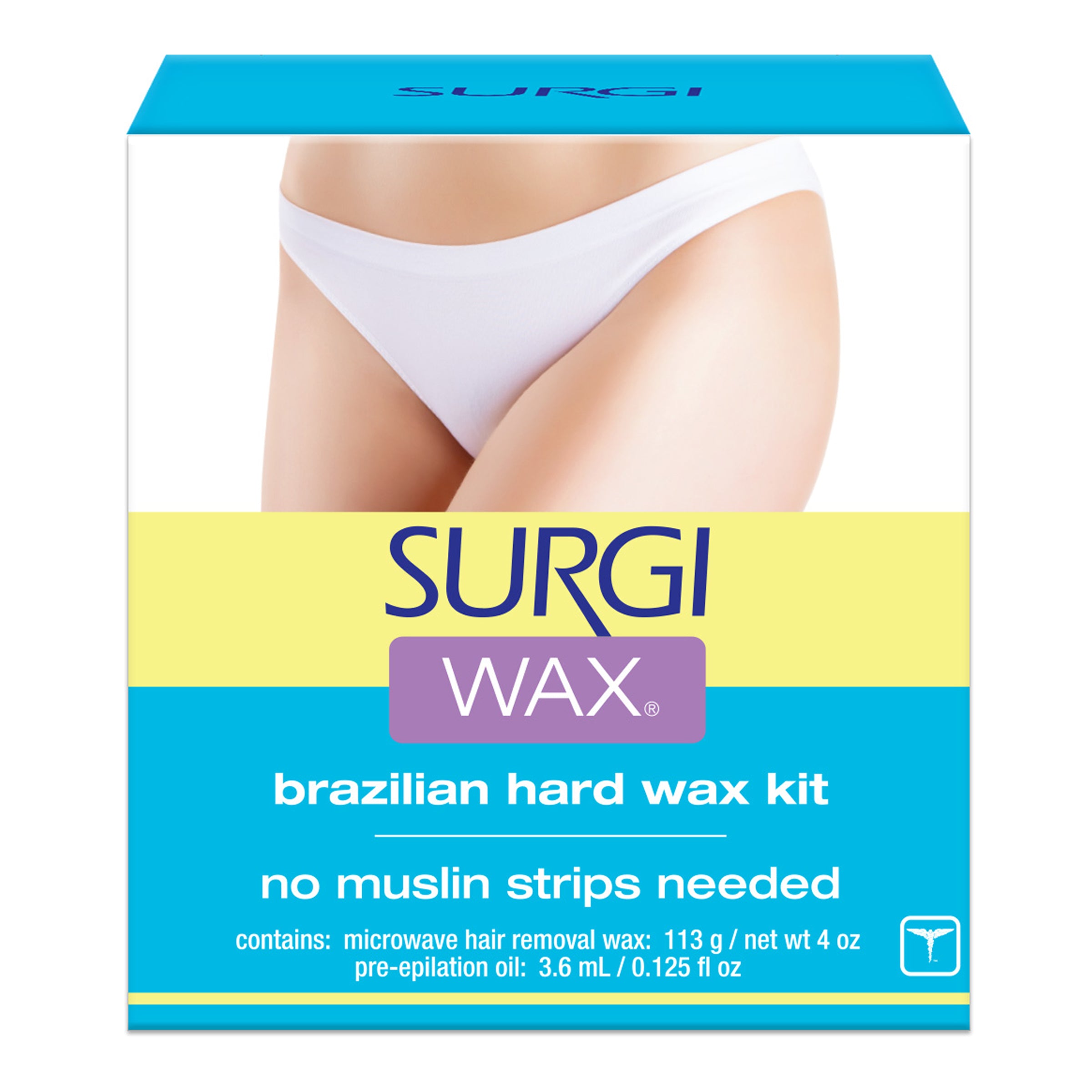 Surgi Wax Brazilian hard wax kit packaging with a person wearing white underwear.
