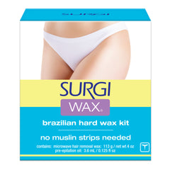 Surgi Wax Brazilian hard wax kit packaging with a person wearing white underwear.