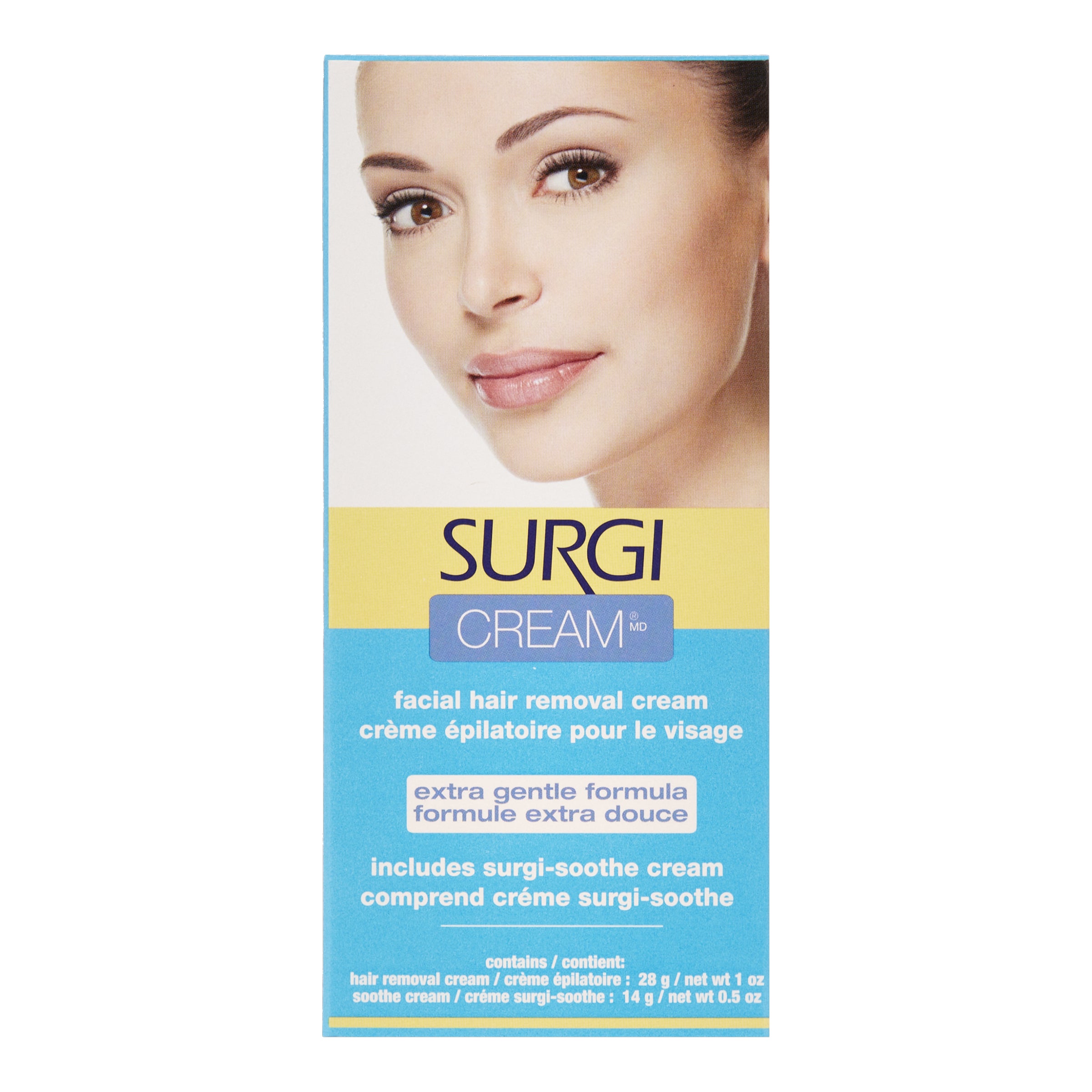 Surgi Cream facial hair removal cream packaging with a woman's face on a white background