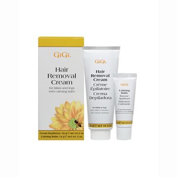 GiGi Hair Removal Cream For Legs & Bikini retail box with tubes of Hair Removal Cream & Calming Balm to its left
